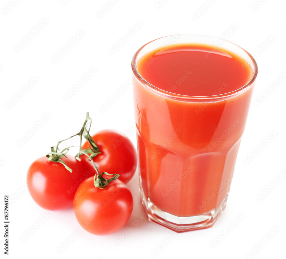 Glass of tomato juice with vegetables isolated on white Glass of tomato juice with vegetables isolated on white