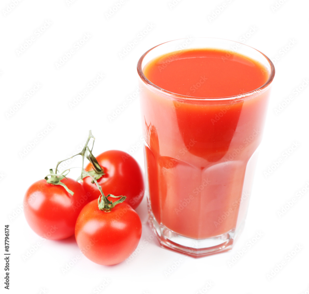 Glass of tomato juice with vegetables isolated on white Glass of tomato juice with vegetables isolated on white