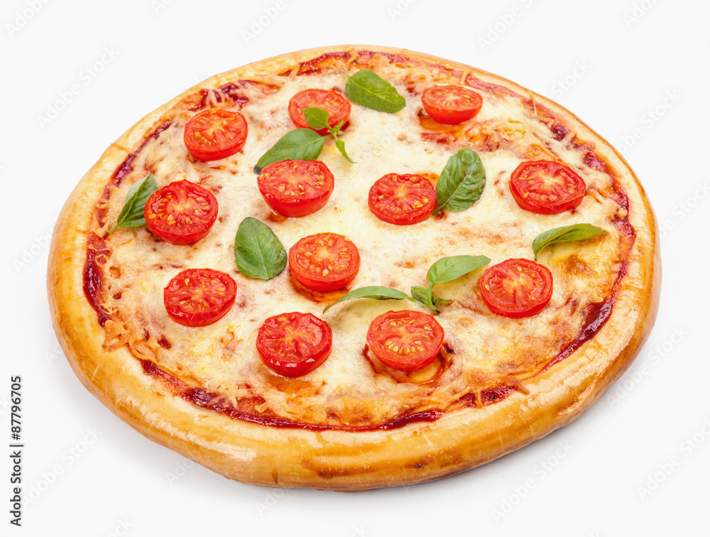 Pizza Margherita. Tomato, basil leafs. Isolated on white backgro