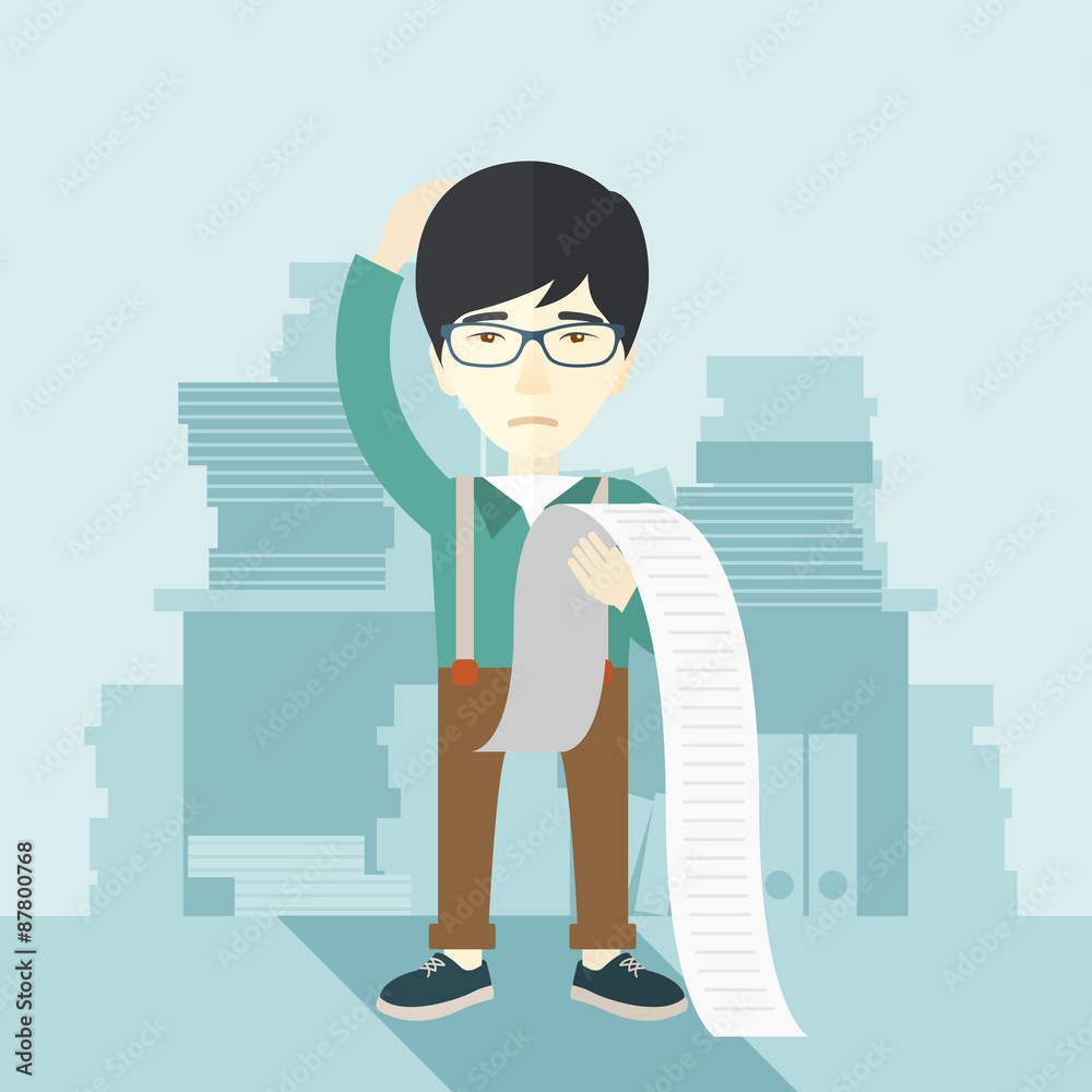 Sad japanese employee holding a list of payables. Sad japanese employee holding a list of payables.