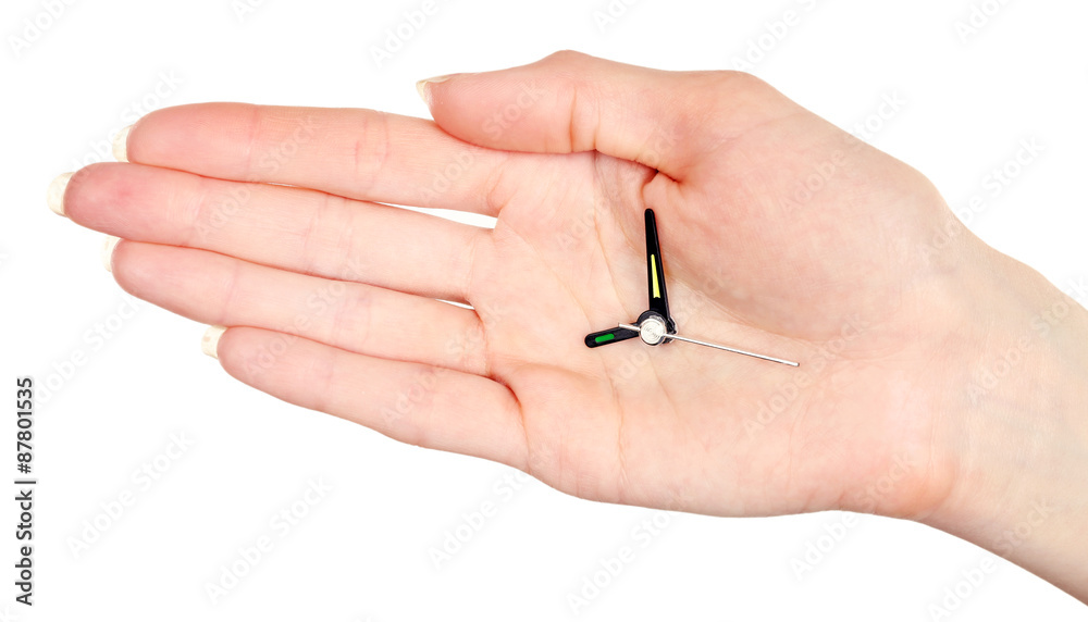 Hand holding clock arrows isolated on white Hand holding clock arrows isolated on white