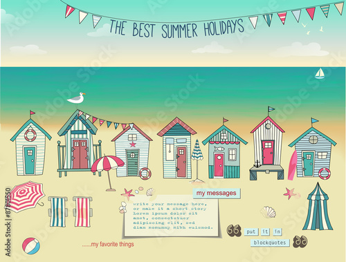 Beach Huts - Summer poster and advertisement for summer holidays, with bunting, lounge chairs, beach umbrellas, summer accessories, sandy beach and paper notes with plenty of copyspace, hand drawn