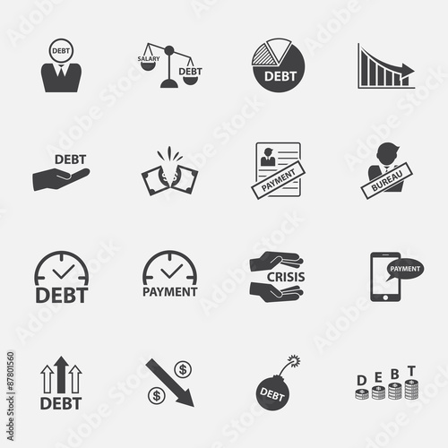 money crisis and debt icon set