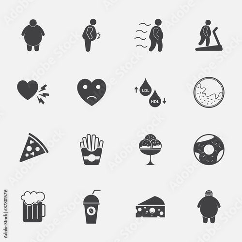 fat man and junk food icons set.