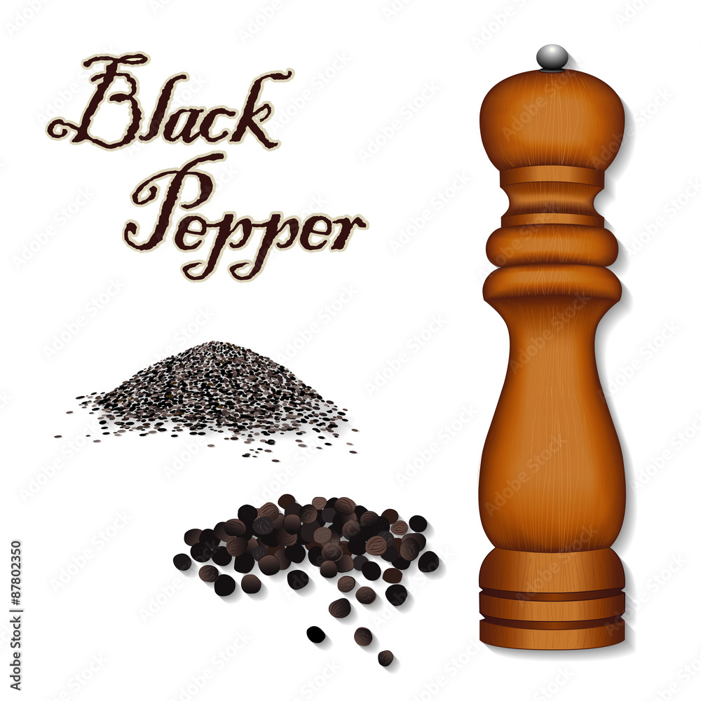Black Pepper, wood pepper mill spice grinder, whole and ground black