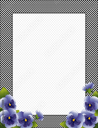 Gingham Check Frame, blue Pansy flowers, polka dot background, blank copy space 