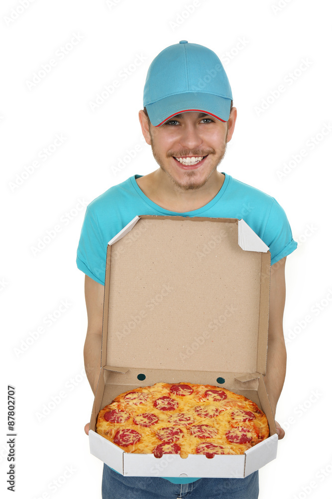 Delivery boy with cardboard pizza box isolated on white Delivery boy with cardboard pizza box isolated on white