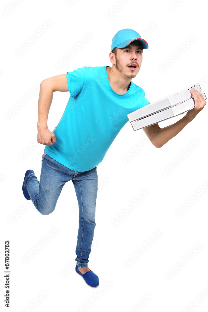 Delivery boy with cardboard pizza box isolated on white Delivery boy with cardboard pizza box isolated on white