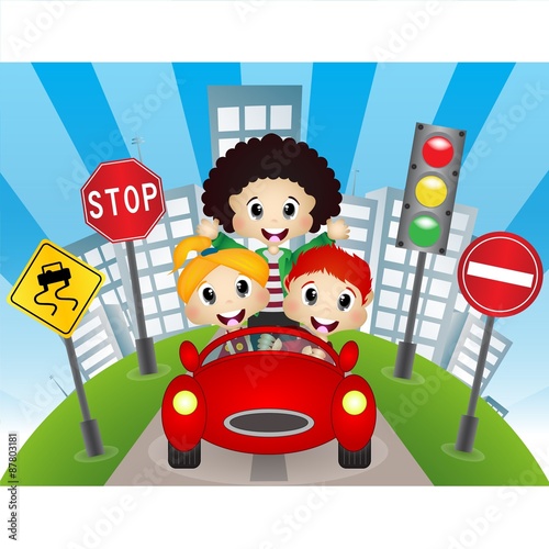 Happy Child on a car with city background and traffic sign