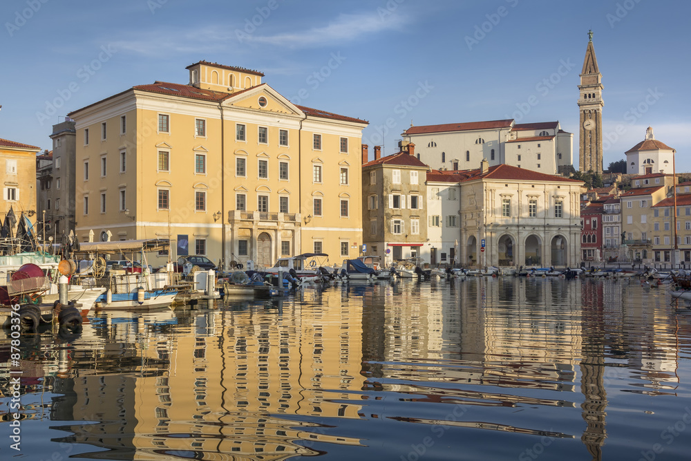 Houses in Piran and their reflections, Slovenia