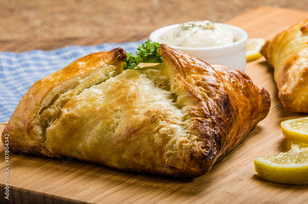 Pastry puff wrapped salmon fillet