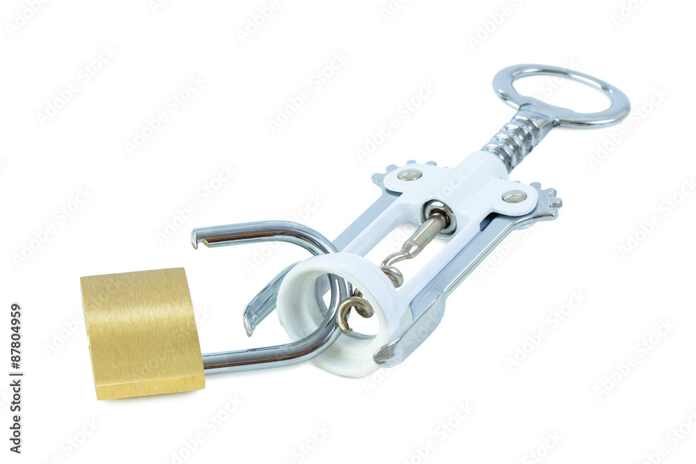Wine bottle opener and an unlocked padlock. Concept photo of drinking problem and alcoholism. Wine bottle opener and an unlocked padlock. Concept photo of drinking problem and alcoholism.