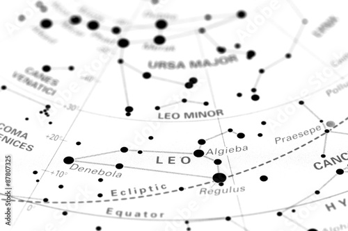 Leo star map zodiac.  Star sign Leo on an astronomy star map.