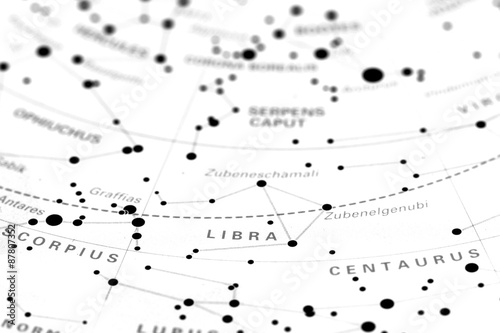 Libra star map zodiac. Star sign Libra on an astronomy star map.