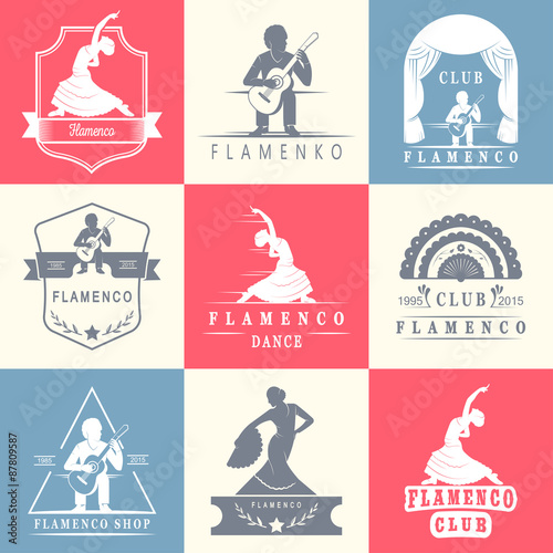 Set of vector logos, badges and silhouettes Flamenco. Collection emblems of traditional Spanish dance, signs school, clubs, shops and studios flamenco isolated on a white background