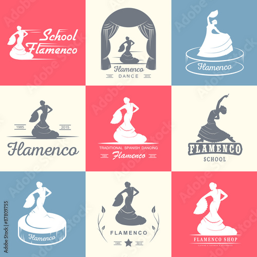 Set of vector logos, badges and silhouettes Flamenco. Collection emblems of traditional Spanish dance, signs school, clubs, shops and studios flamenco isolated on a white background