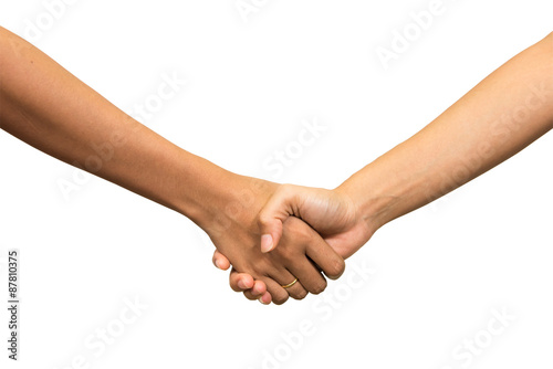 Shaking hands of two people, isolated on white.
