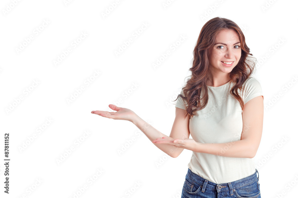 Smiling girl showing aside Smiling girl showing aside