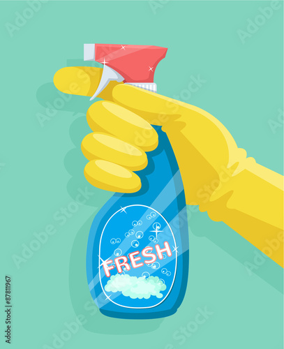 Spray bottle in hand. Vector flat illustration
