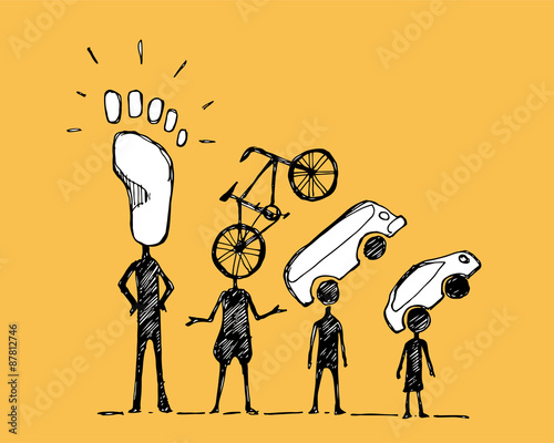 Human silhouettes with transport symbols instead of heads