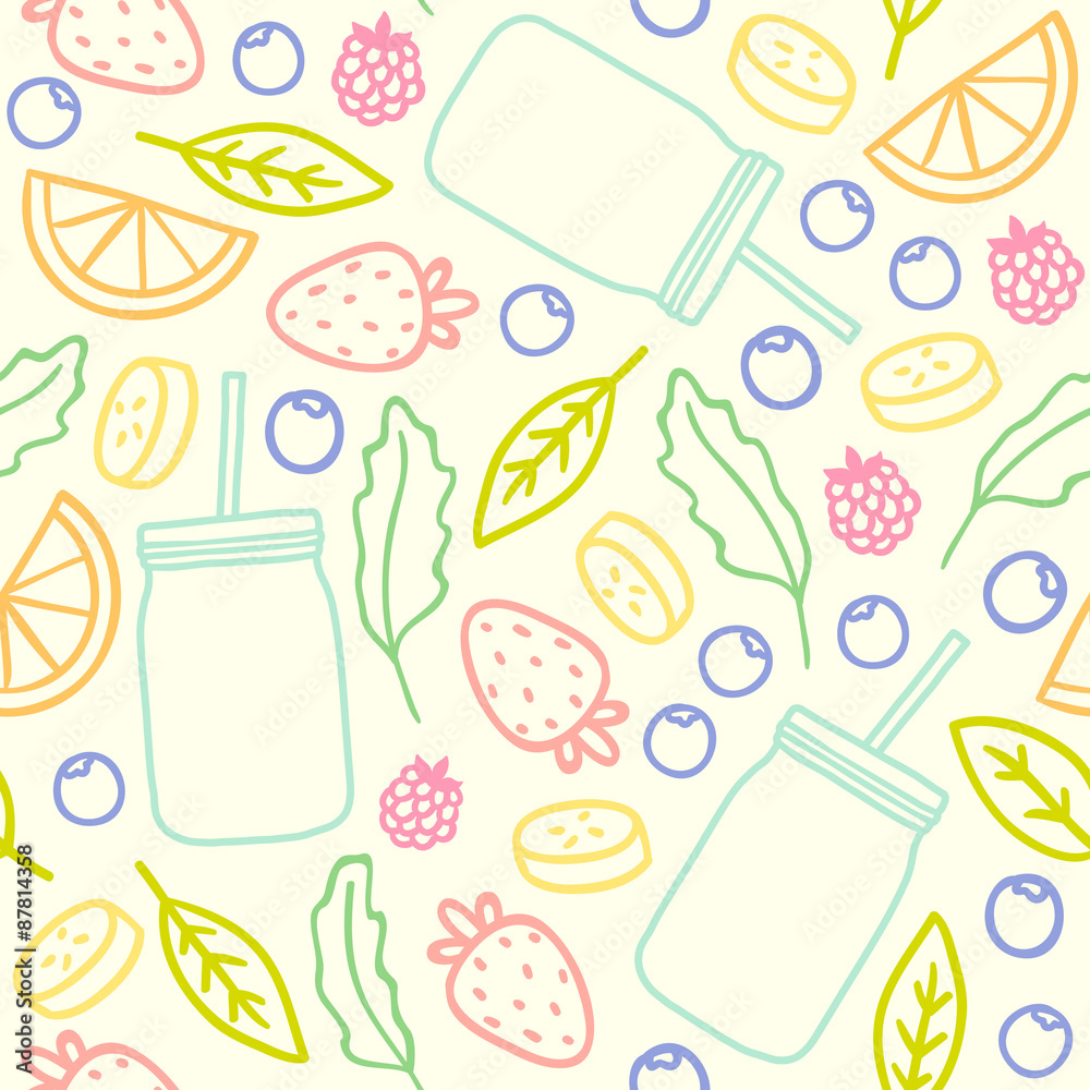 Fruits, berries and smoothie jars outline seamless pattern Fruits, berries and smoothie jars outline seamless pattern