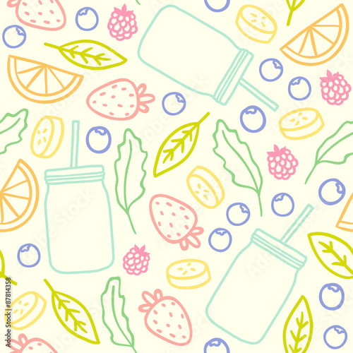 Fruits  berries and smoothie jars outline seamless pattern