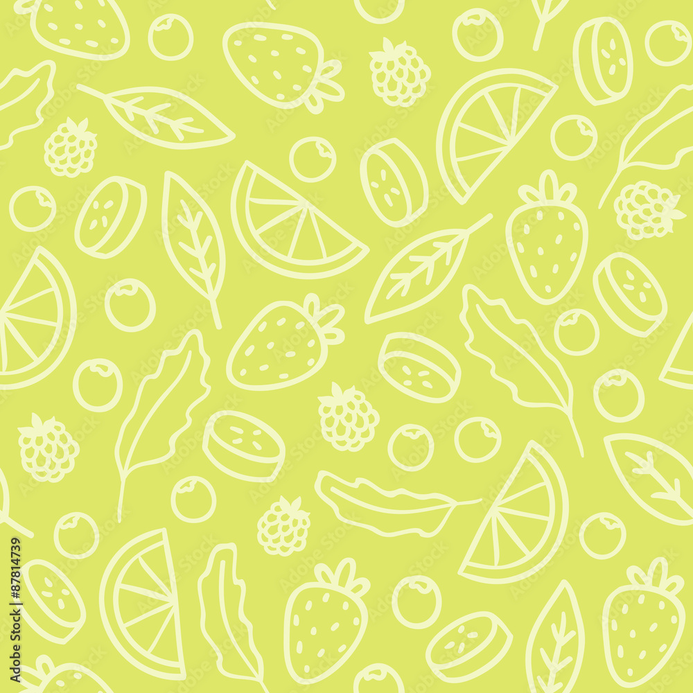 Doodle fruits and berries green seamless pattern