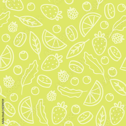 Doodle fruits and berries green seamless pattern