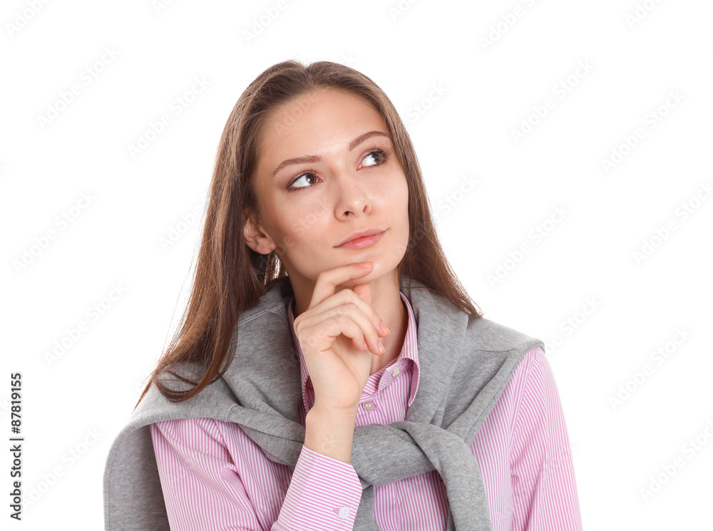 Portrait of a beautiful young woman thinking, isolated on white Portrait of a beautiful young woman thinking, isolated on white