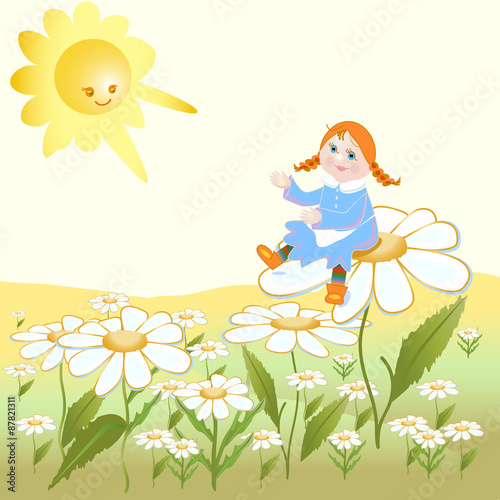girl sitting on the flower and rejoicing in the sun