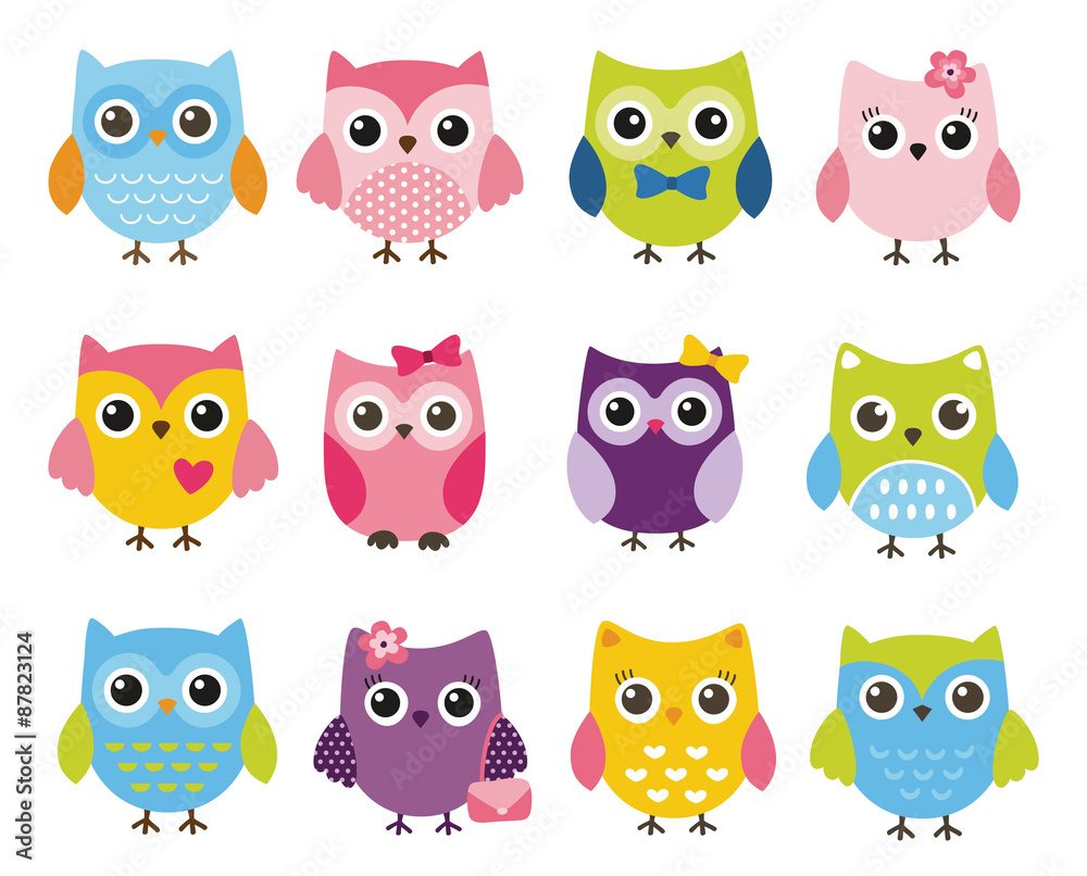 Obraz premium Cute vector set of colorful owls