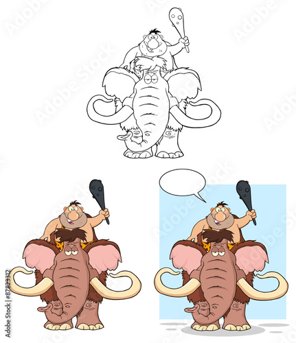 Smiling Caveman Over Mammoth. Collection Set Isolated On White