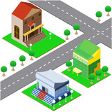 isometric icons of buildings and structures on a white background
