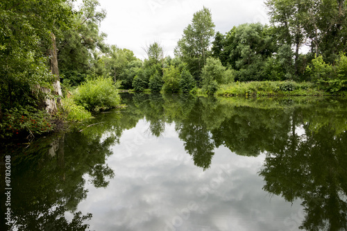 Old park with ponds clean. Ponds bushes green trees and bushes. The water in the ponds of spring transparent. Fotoshoot summer on a cloudy day.
