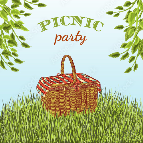 Picnic party in meadow with picnic basket and tree branches. Summer vacation. Hand drawn vector illustration