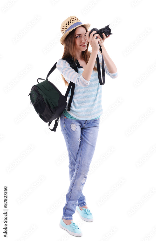 Traveler with camera isolated on white Traveler with camera isolated on white