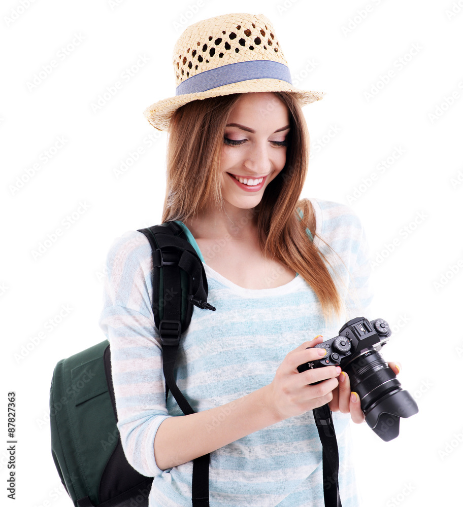 Traveler with camera isolated on white Traveler with camera isolated on white