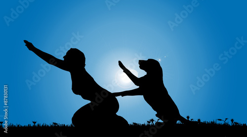 Vector silhouette of a woman with a dog.