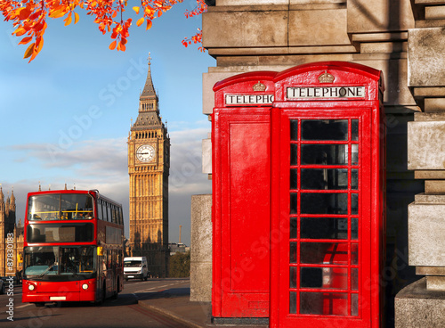 Big Ben with bus and red phone boxes in London  England