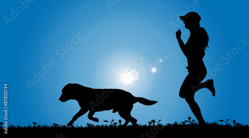 Vector silhouette of a woman with a dog.