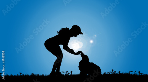 Vector silhouette of a woman with a dog.