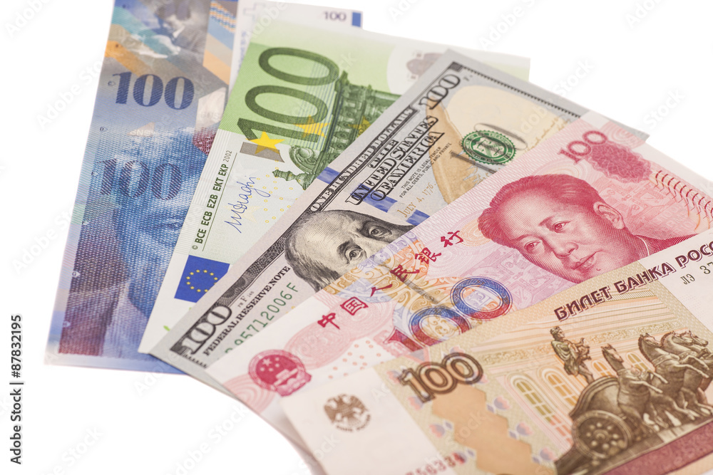 American dollars, European euro,Swiss franc,Chinese yuan and Rus American dollars, European euro,Swiss franc,Chinese yuan and Rus