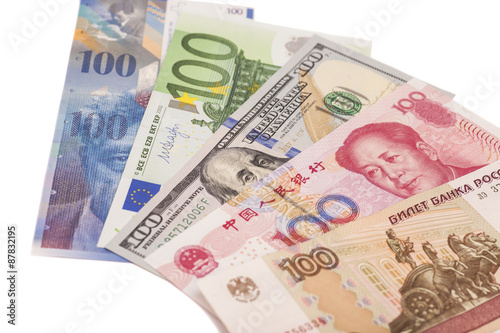 American dollars, European euro,Swiss franc,Chinese yuan and Rus