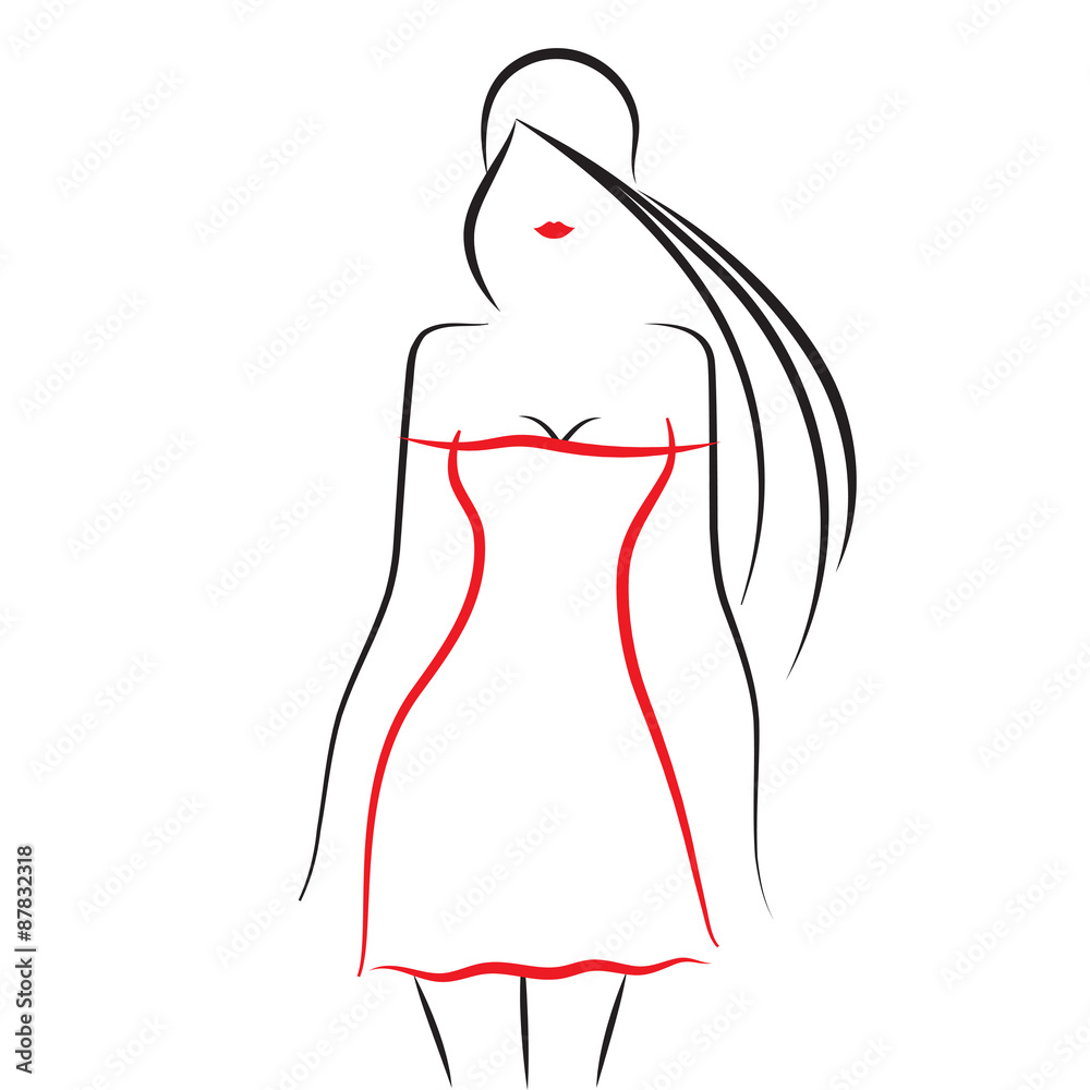 Fashion model sketch. Silhouette of beautiful woman with long hair in  outline style vector. Card for hair and beauty salon. Stock Vector | Adobe  Stock