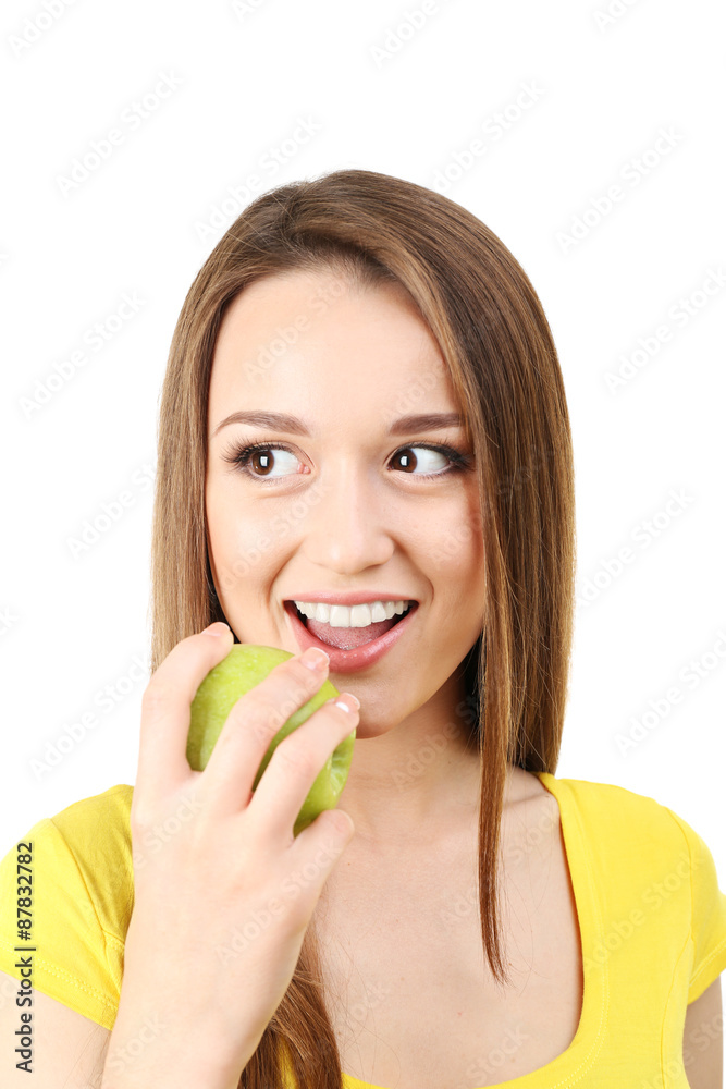 Healthy young woman with green apple isolated on white Healthy young woman with green apple isolated on white