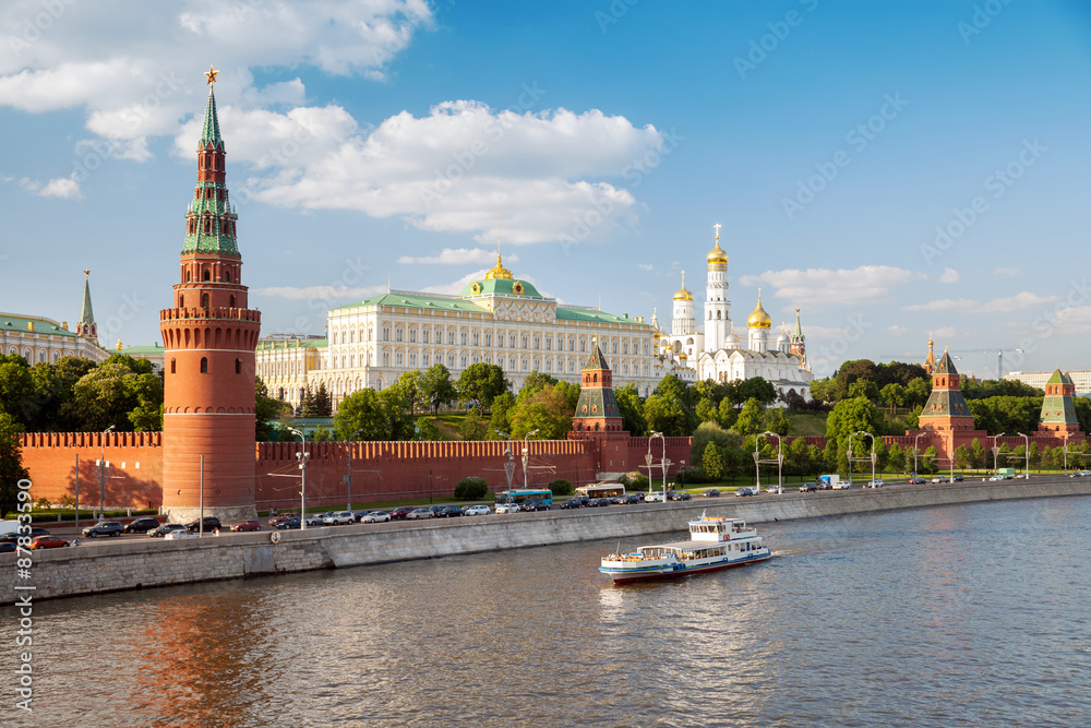The view of the Moscow Kremlin, Grand Kremlin Palace, Cathedrals and quay Moskva River