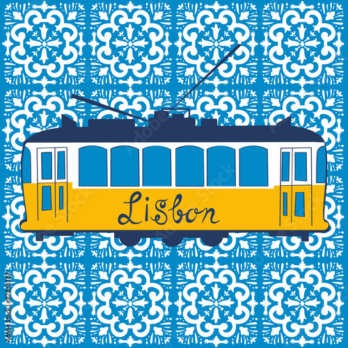 Colorful illustration of traditional Lisbon tram 