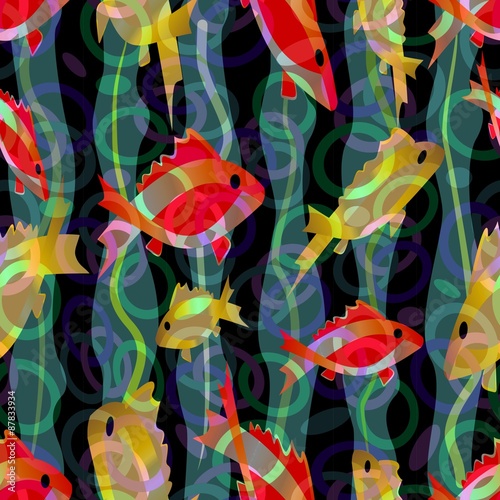Aquarium with yellow and red neon fishes in modern blend design. Seamless abstract decorative tile.