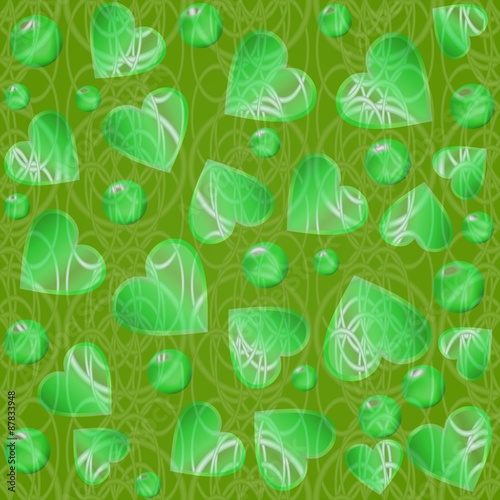 Heart and circle shapes on green background with fine curves. Modern abstract background tile.