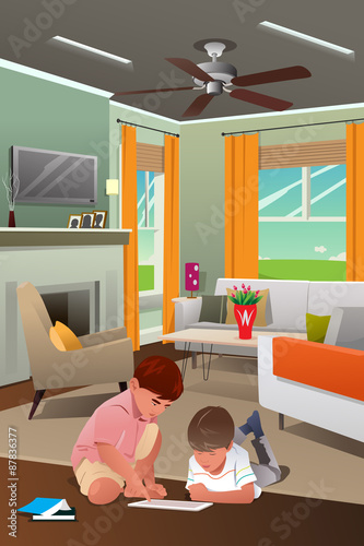 Kids Playing with Tablet PC in the Living Room